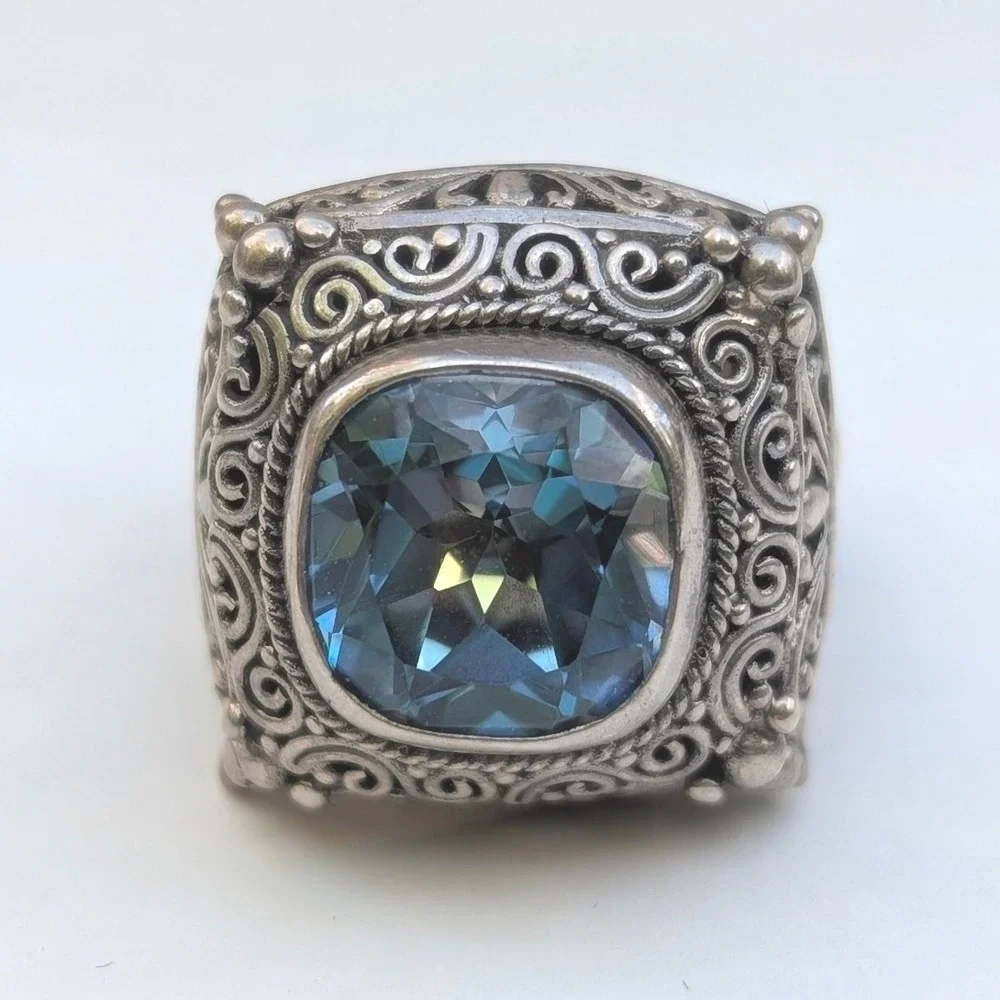 Sarda Sterling Silver 925 Blue Topaz Filigree Bali‎ Scroll Cocktail Ring Size 7